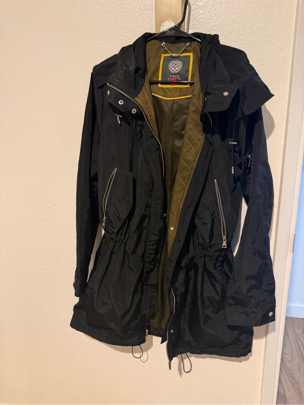 Vince Camuto Black Hooded Utility Anorak with Olive Lining